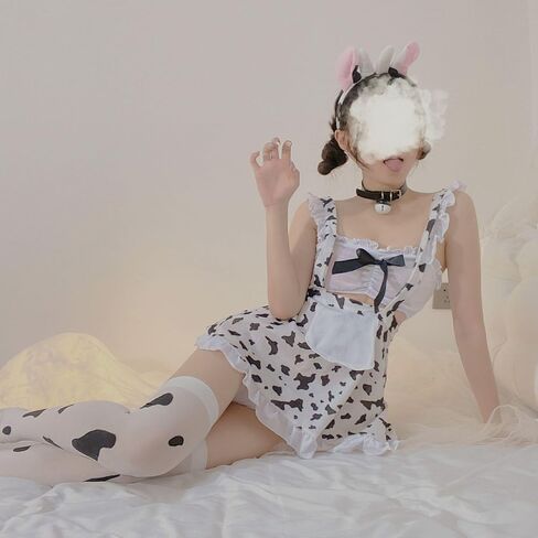 Sexy Stockings Mini Skirt Mesh Sheer Lace, Women's Cow Print Bodysuit Lingerie Anime Cosplay Costume Bikini Lolita Kawaii Bra and Panty Lingerie Set, Suitable for Weights 88-132 lbs in Saudi Arabia