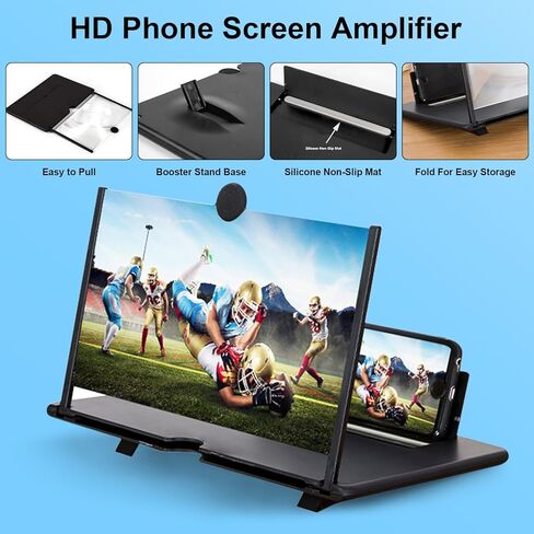 مكبر شاشة للهاتف، مكبر شاشة الهاتف المحمول عالي الدقة 12 بوصة لألعاب الفيديو والأفلام، حامل هاتف شفاف وخفيف الوزن قابل للطي متوافق مع جميع الهواتف الذكية (أسود) in Kuwait