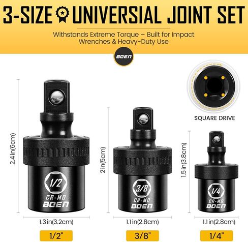 boen Impact Universal Joint Set 1/2", 3/8", 1/4" Drive, 3-Piece Swivel Socket Extensions, Impact Grade Wobble Set Meets ANSI Standards with 2 Size Markings, Chrome Molybdenum Steel for Impact Wrench in Saudi Arabia