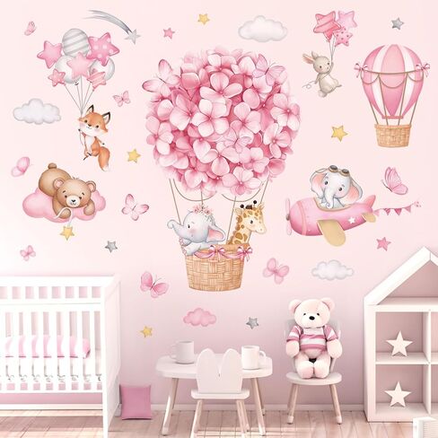 wondever Animals Hot Air Balloon Wall Stickers Flowers Elephant Giraffe Bear Airplane Wall Art Decals for Girls Room Baby Nursery Kids Bedroom in Saudi Arabia