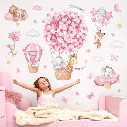 wondever Animals Hot Air Balloon Wall Stickers Flowers Elephant Giraffe Bear Airplane Wall Art Decals for Girls Room Baby Nursery Kids Bedroom in Saudi Arabia