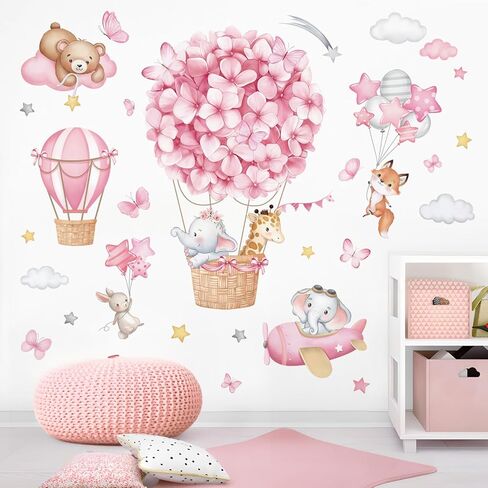 wondever Animals Hot Air Balloon Wall Stickers Flowers Elephant Giraffe Bear Airplane Wall Art Decals for Girls Room Baby Nursery Kids Bedroom in Saudi Arabia