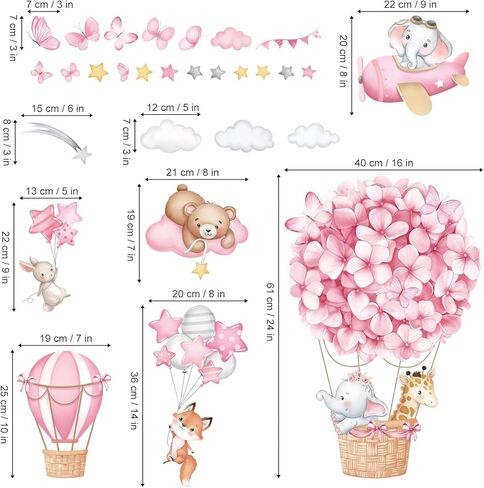 wondever Animals Hot Air Balloon Wall Stickers Flowers Elephant Giraffe Bear Airplane Wall Art Decals for Girls Room Baby Nursery Kids Bedroom in Saudi Arabia