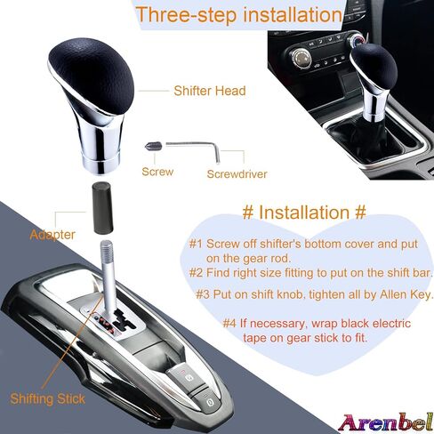 Arenbel Alloy Gear Stick Shifter Knob Leather Covered Car Shift Lever Handle Fit Most Manual Automatic Vehicles, Black Silver in Saudi Arabia