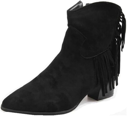 Ulalaza Women's Fringe Cowboy Boots Hidden Wedge Heel Ankle Layer Tassel BOOTS Rhinestones Sparkle Shining Fabric Nubuck Leather Comfortable Pull-On for Street Wedding Party in Saudi Arabia