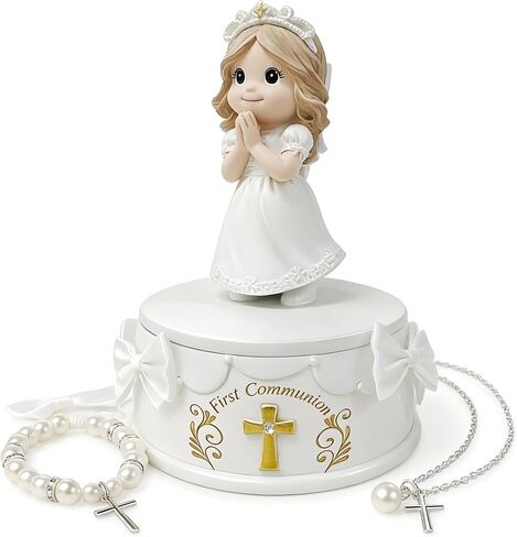 هدايا المناولة الأولى للفتيات - تمثال فتاة المناولة المقدسة الأولى مع صندوق تذكار وسوار لؤلؤي، هدية تذكارية للمناولة الدينية للفتيات in Kuwait