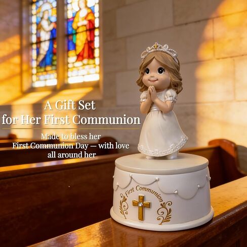 هدايا المناولة الأولى للفتيات - تمثال فتاة المناولة المقدسة الأولى مع صندوق تذكار وسوار لؤلؤي، هدية تذكارية للمناولة الدينية للفتيات in Kuwait