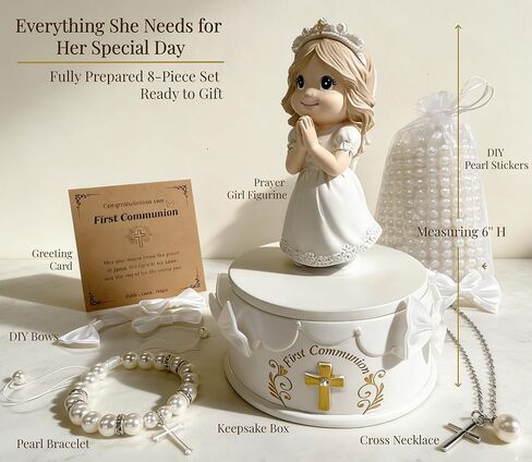 هدايا المناولة الأولى للفتيات - تمثال فتاة المناولة المقدسة الأولى مع صندوق تذكار وسوار لؤلؤي، هدية تذكارية للمناولة الدينية للفتيات in Kuwait