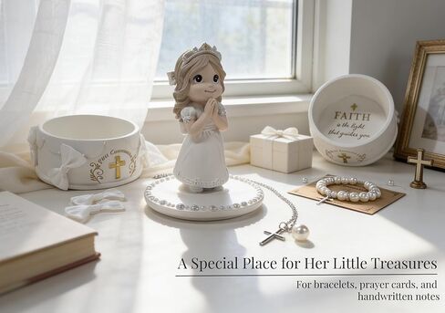 هدايا المناولة الأولى للفتيات - تمثال فتاة المناولة المقدسة الأولى مع صندوق تذكار وسوار لؤلؤي، هدية تذكارية للمناولة الدينية للفتيات in Kuwait