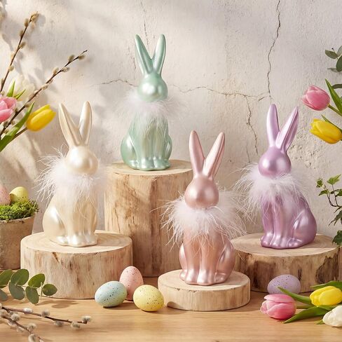 4 قطع من زينة أرنب عيد الفصح مقاس 15.24 سم، تمثال أرنب ملون عتيق من راتينج عيد الفصح، ديكور أرنب قزحي الألوان مع زغب أبيض على الرقبة لتماثيل الربيع الباستيل المنزلية على سطح الطاولة in Kuwait