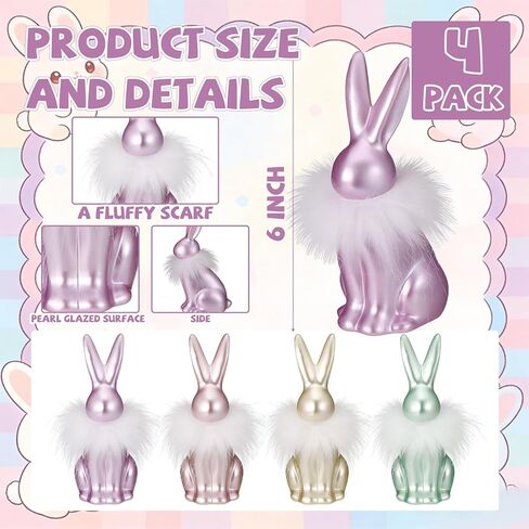 4 قطع من زينة أرنب عيد الفصح مقاس 15.24 سم، تمثال أرنب ملون عتيق من راتينج عيد الفصح، ديكور أرنب قزحي الألوان مع زغب أبيض على الرقبة لتماثيل الربيع الباستيل المنزلية على سطح الطاولة in Kuwait