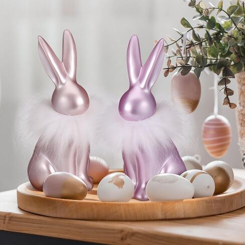 4 قطع من زينة أرنب عيد الفصح مقاس 15.24 سم، تمثال أرنب ملون عتيق من راتينج عيد الفصح، ديكور أرنب قزحي الألوان مع زغب أبيض على الرقبة لتماثيل الربيع الباستيل المنزلية على سطح الطاولة in Kuwait