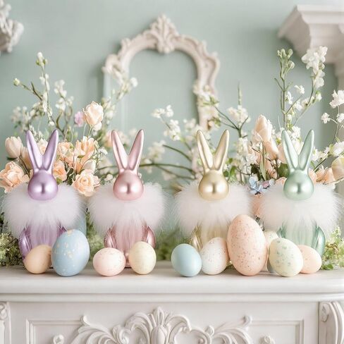 4 قطع من زينة أرنب عيد الفصح مقاس 15.24 سم، تمثال أرنب ملون عتيق من راتينج عيد الفصح، ديكور أرنب قزحي الألوان مع زغب أبيض على الرقبة لتماثيل الربيع الباستيل المنزلية على سطح الطاولة in Kuwait