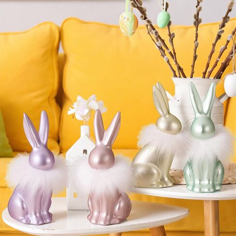 4 قطع من زينة أرنب عيد الفصح مقاس 15.24 سم، تمثال أرنب ملون عتيق من راتينج عيد الفصح، ديكور أرنب قزحي الألوان مع زغب أبيض على الرقبة لتماثيل الربيع الباستيل المنزلية على سطح الطاولة in Kuwait