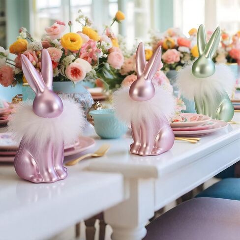 4 قطع من زينة أرنب عيد الفصح مقاس 15.24 سم، تمثال أرنب ملون عتيق من راتينج عيد الفصح، ديكور أرنب قزحي الألوان مع زغب أبيض على الرقبة لتماثيل الربيع الباستيل المنزلية على سطح الطاولة in Kuwait