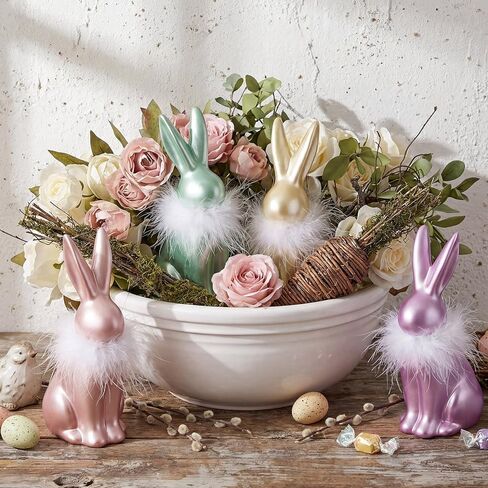 4 قطع من زينة أرنب عيد الفصح مقاس 15.24 سم، تمثال أرنب ملون عتيق من راتينج عيد الفصح، ديكور أرنب قزحي الألوان مع زغب أبيض على الرقبة لتماثيل الربيع الباستيل المنزلية على سطح الطاولة in Kuwait