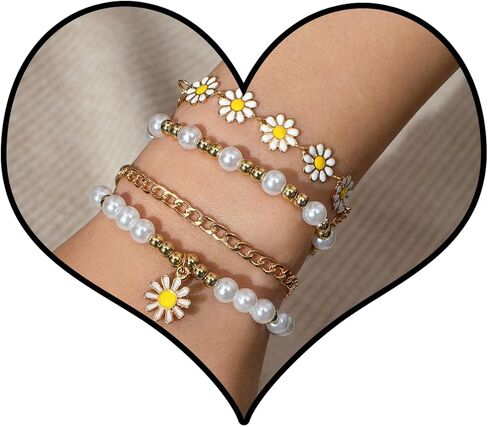 Layered Daisy Bracelets for Women Gold Daisy Pearl Bracelets Stackable Boho Sunflower Chainlets Spring Summer Jewelry Gifts for Her in Saudi Arabia