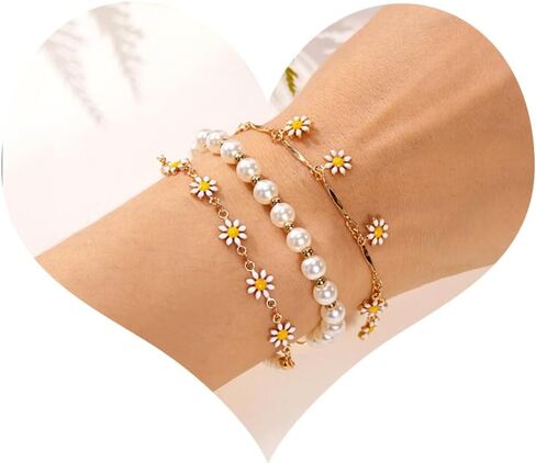 Layered Daisy Bracelets for Women Gold Daisy Pearl Bracelets Stackable Boho Sunflower Chainlets Spring Summer Jewelry Gifts for Her in Saudi Arabia