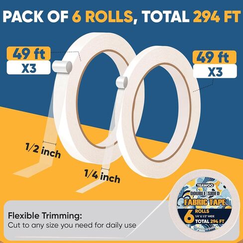 6 Rolls Double Sided Fabric Tape, 294 FT Hem Tape No Sewing No Iron, Quick Clothing Repairs, Clothing Tape for Fabric Bonding & DIY Crafts in Kuwait