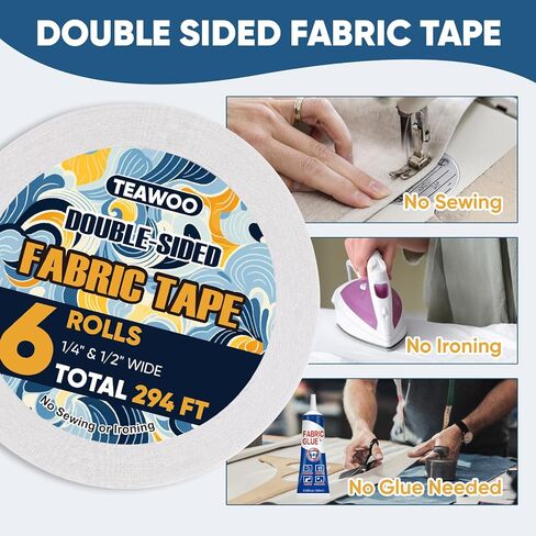 6 Rolls Double Sided Fabric Tape, 294 FT Hem Tape No Sewing No Iron, Quick Clothing Repairs, Clothing Tape for Fabric Bonding & DIY Crafts in Kuwait