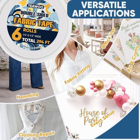 6 Rolls Double Sided Fabric Tape, 294 FT Hem Tape No Sewing No Iron, Quick Clothing Repairs, Clothing Tape for Fabric Bonding & DIY Crafts in Kuwait