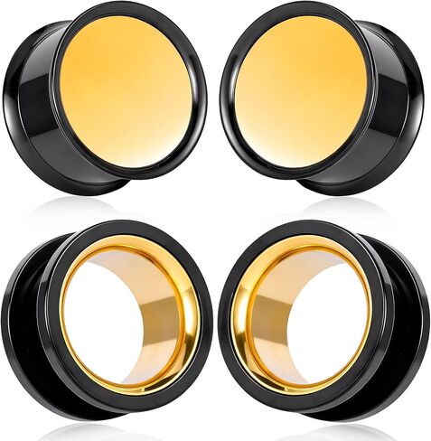 2 Pairs Ear Gauges with Screw Back Gold & Black Two-Tone Stainless Steel Ear Tunnels & Plugs Double Flared Ear Expanders for Stretched Ears Body Jewelry Set for Men & Women in Kuwait