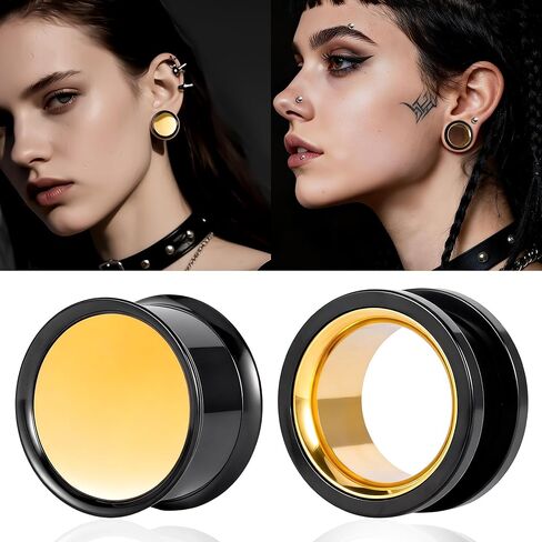 2 Pairs Ear Gauges with Screw Back Gold & Black Two-Tone Stainless Steel Ear Tunnels & Plugs Double Flared Ear Expanders for Stretched Ears Body Jewelry Set for Men & Women in Kuwait