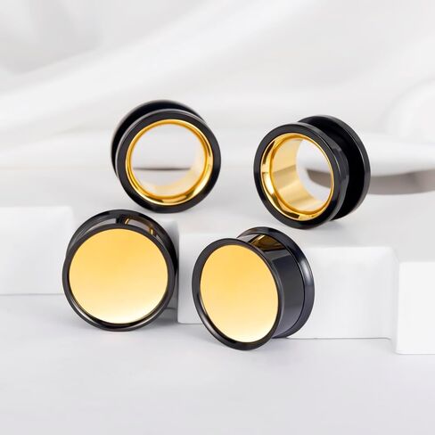 2 Pairs Ear Gauges with Screw Back Gold & Black Two-Tone Stainless Steel Ear Tunnels & Plugs Double Flared Ear Expanders for Stretched Ears Body Jewelry Set for Men & Women in Kuwait