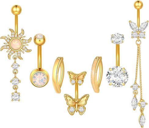 Xpircn 7 قطع خاتم زر البطن المتدلي السرة ثقب البطن مجوهرات حلقات البطن السرة للنساء 14 جرام فضي من الفولاذ المقاوم للصدأ لذيذ متدلي زر البطن المتدلي in Kuwait