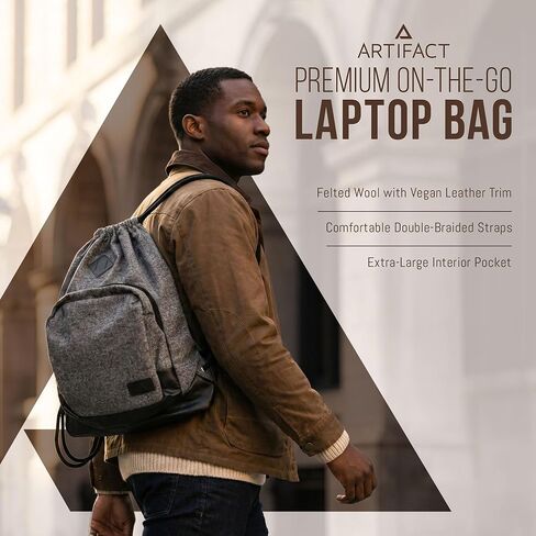 Artifact Drawstring Laptop Bag, Felted Wool & Vegan Leather, Fits Laptops Up to 15", Ultra Durable Design in Saudi Arabia