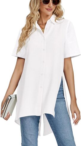 LYANER Women's Collar V Neck Split Hem Button Down Short Sleeve Long Shirt Blouse Tunic Top White Medium in Saudi Arabia