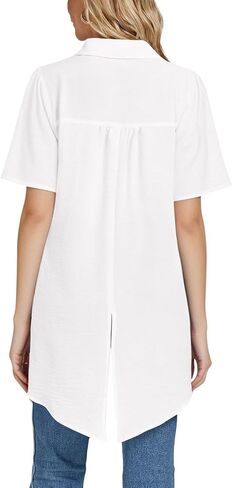 LYANER Women's Collar V Neck Split Hem Button Down Short Sleeve Long Shirt Blouse Tunic Top White Medium in Saudi Arabia