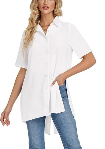 LYANER Women's Collar V Neck Split Hem Button Down Short Sleeve Long Shirt Blouse Tunic Top White Medium in Saudi Arabia