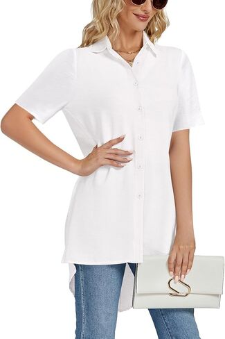 LYANER Women's Collar V Neck Split Hem Button Down Short Sleeve Long Shirt Blouse Tunic Top White Medium in Saudi Arabia