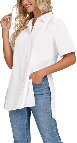 LYANER Women's Collar V Neck Split Hem Button Down Short Sleeve Long Shirt Blouse Tunic Top White Medium in Saudi Arabia