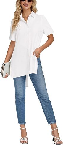 LYANER Women's Collar V Neck Split Hem Button Down Short Sleeve Long Shirt Blouse Tunic Top White Medium in Saudi Arabia