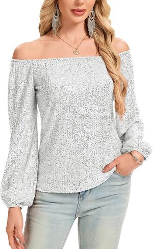Women's Off The Shoulder Sequin Tops Long Sleeve Glitter Sparkly Dressy Blouses Club Party Top in Kuwait