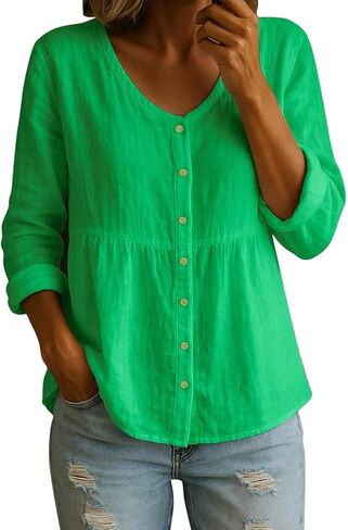 Blouses for Women Cotton Linen Button Front Loose Shirts Long Sleeve v Neck Spring Blouse Casual Daily Office Clothes in Saudi Arabia