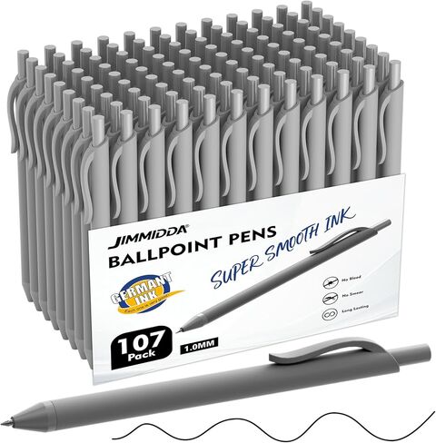 مجموعة أقلام حبر جاف - 107 قطعة من أقلام الحبر الأسود بكميات كبيرة | 1.0 قلم ذو نقطة متوسطة للكتابة بسلاسة، قلم حبر جاف قابل للسحب للرجال والنساء (أسطوانة رمادية) in Kuwait