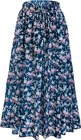 تنورة طويلة للنساء بنقشة زهور بوهو، تنانير صيفية طويلة على شكل حرف A مع خصر عالي مرن، رباط قابل للتعديل، جيوب in Kuwait