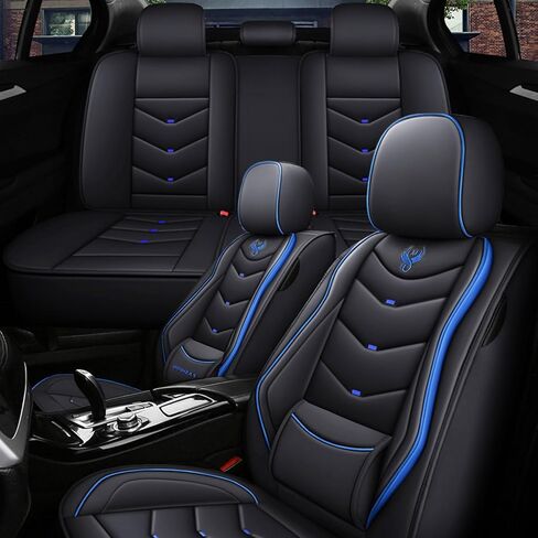 5 أغطية مقاعد لسيارة Toyota Corolla 2001-2026 أغطية مقاعد سيارة جلدية مقاومة للماء وجيدة التهوية، ملحقات داخلية غطاء مقعد وسادة هوائية متوافقة (أسود وأزرق، قياسي) in Kuwait