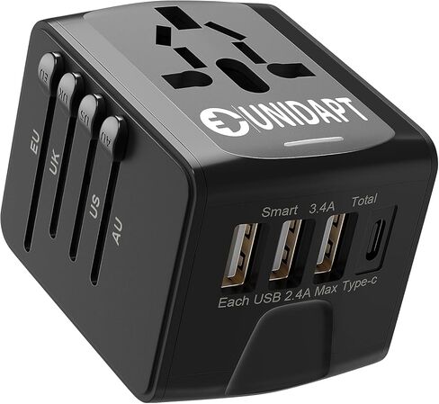 Universal Travel Adapter, Unidapt International Plug Adapter with 4 USB Ports, Pin Converter Power Adaptor Charger for travel in EU, UK, AU, US, Black in Kuwait