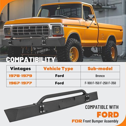 KUAFU Front Bumper Assembly Compatible with 1967-1977 Ford F100 F150 F250 F350 & 1978-1979 Ford Bronco w/Plate Holder Steel Powder Coated Black in Saudi Arabia
