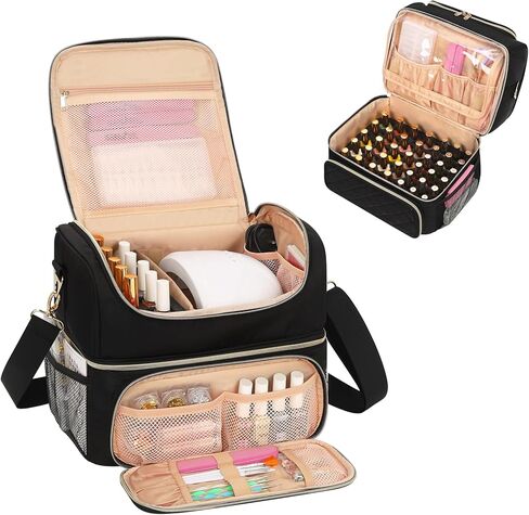 حقيبة تخزين ومنظم طلاء الأظافر من كوبيتاستيك لـ 48 زجاجة ومصباح كامل الحجم، صندوق حقيبة سفر مزدوج الطبقة لمستلزمات الأظافر، طقم مانيكير وأدوات باديكير (زهور زرقاء، 48 فتحة) in Kuwait