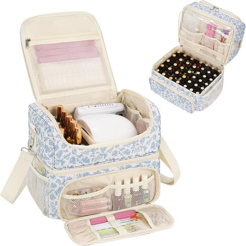 CUBETASTIC Nail Polish Organizer & Storage Bag for 48 Bottles & Full-Size Lamp, Double-Layer Travel Case Box for Nail Supplies, Manicure Kit & Pedicure Tools (Blue Floral, 48 Slots) in Saudi Arabia