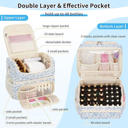 CUBETASTIC Nail Polish Organizer & Storage Bag for 48 Bottles & Full-Size Lamp, Double-Layer Travel Case Box for Nail Supplies, Manicure Kit & Pedicure Tools (Blue Floral, 48 Slots) in Saudi Arabia