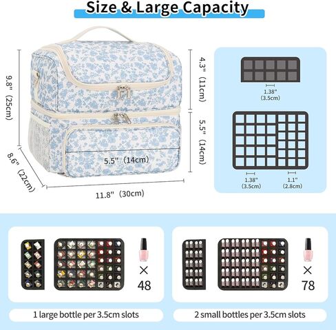 CUBETASTIC Nail Polish Organizer & Storage Bag for 48 Bottles & Full-Size Lamp, Double-Layer Travel Case Box for Nail Supplies, Manicure Kit & Pedicure Tools (Blue Floral, 48 Slots) in Saudi Arabia