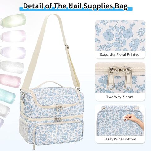 CUBETASTIC Nail Polish Organizer & Storage Bag for 48 Bottles & Full-Size Lamp, Double-Layer Travel Case Box for Nail Supplies, Manicure Kit & Pedicure Tools (Blue Floral, 48 Slots) in Saudi Arabia
