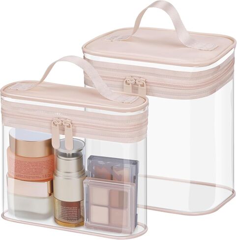 PACKISM TSA Approved Toiletry Bag 2 Pack - Quart Size Clear Makeup Bag with Handle & Dual Metal Zippers, Large Opening 3-1-1 Airline Compliant Security Travel Organizer for Carry On Liquids, Beige in Kuwait