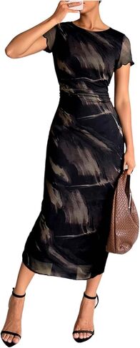 Women's Leopard Midi Dress Short Sleeve Mesh Sheer Pencil Dress Wedding Guest Cocktail Dresses in Saudi Arabia